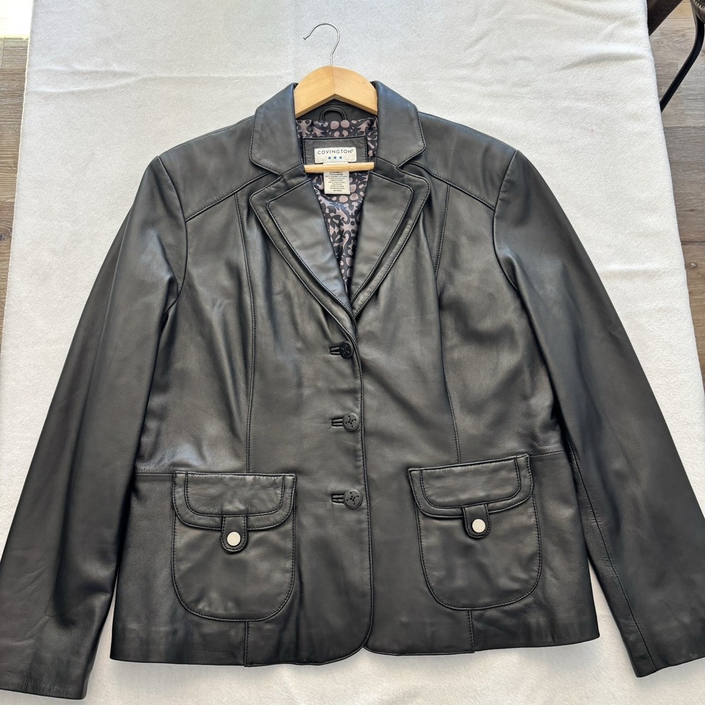Vtg Covington Soft Leather Blazer Jacket Size XL Black Pockets Buttons